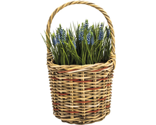 Pflanzkorb Leah mit Henkel Naturfaser Ø 24 cm H 38 cm grau Korb mit blauen Traubenhyazinthen