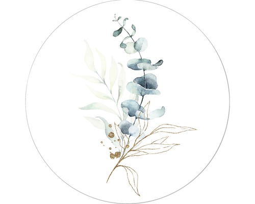 Glasbild rund Golden Flowers III Ø 20 cm Aquarellgemälde von Eukalyptus und Blättern