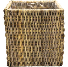 Panier à plantes carré en matériau tressé avec insert en plastique.