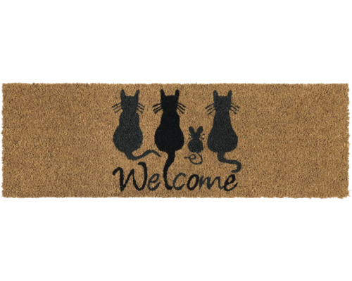 Kokosmatte Welcome Cats braun-schwarz 25x75 cm Fußmatte mit Katzen und Maus Motiv sowie dem Schriftzug Willkommen