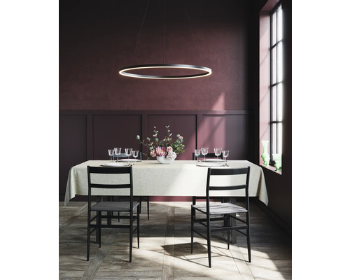Esstisch mit Gedeck, Stühlen und ringförmiger Hängelampe in einem Esszimmer.