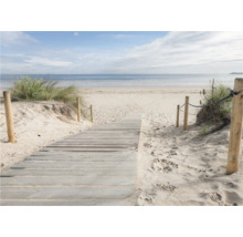 Une passerelle en bois mène à la plage avec des dunes de sable et la mer