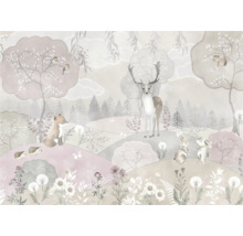 Illustration d'une scène de forêt avec cerf, lièvre, renard et autres animaux