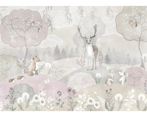 Illustration d'une scène de forêt avec cerf, lièvre, renard et autres animaux