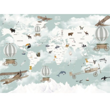 Carte du monde décorée d'animaux, d'avions et de montgolfières