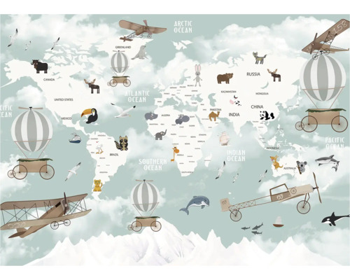 Carte du monde décorée d'animaux, d'avions et de montgolfières