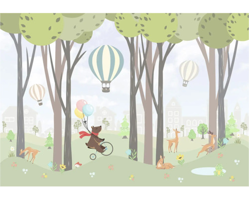 Illustration d'une scène de forêt avec un ours à vélo, des montgolfières et des cerfs