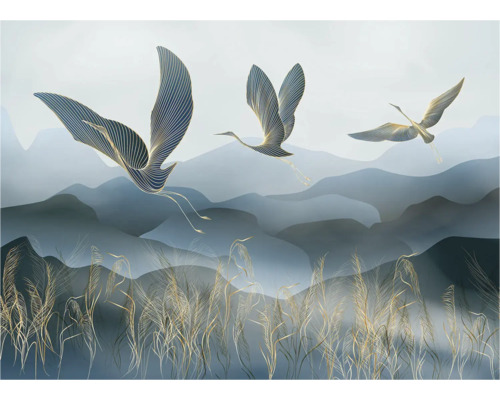 Papier peint mural décoratif avec des grues et des herbes devant un paysage de montagne