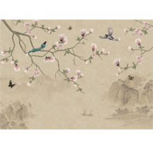 Papier peint avec fleurs de cerisier, oiseaux, papillons et paysage de montagne
