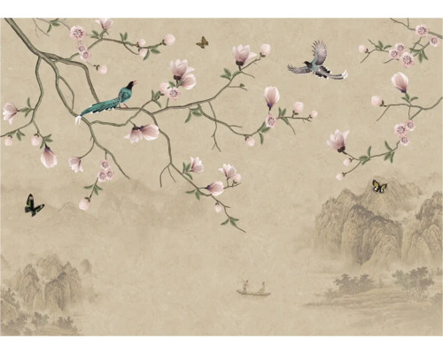 Papier peint avec fleurs de cerisier, oiseaux, papillons et paysage de montagne