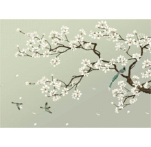 Papier peint avec branches fleuries et oiseaux