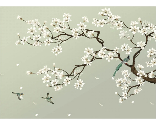 Papier peint avec branches fleuries et oiseaux