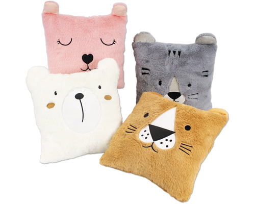 Vier Tierkissen mit Bären-, Katzen- und Löwengesichtern