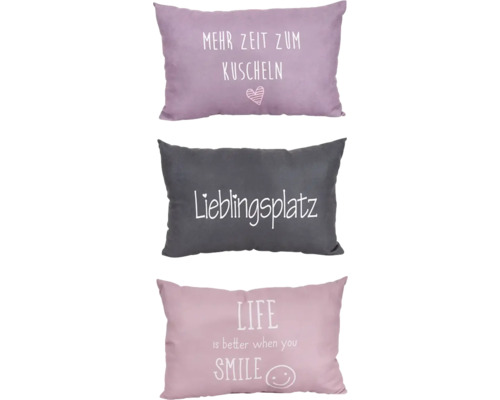 Coussin décoratif avec citations violet gris 30x50 cm choix du motif aléatoire Trois coussins avec inscriptions : Plus de temps pour les câlins, endroit préféré, la vie est meilleure quand on sourit.