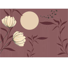 Illustration décorative avec des fleurs, des feuilles et une nuée d'oiseaux