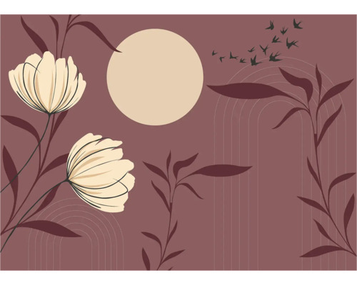 Illustration décorative avec des fleurs, des feuilles et une nuée d'oiseaux