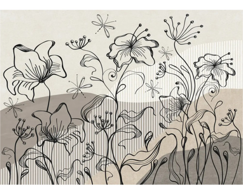Illustration décorative de fleurs et de libellules stylisées