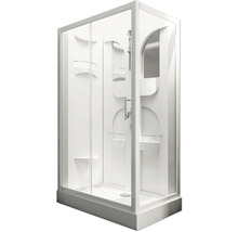 Cabine de douche complète avec portes coulissantes, pommeau de douche et étagères
