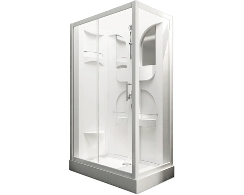 Cabine de douche complète avec portes coulissantes, pommeau de douche et étagères