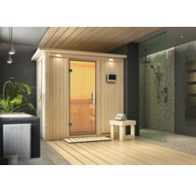 Moderne Sauna mit Holzausstattung und Glasdusche in einem Badezimmer.