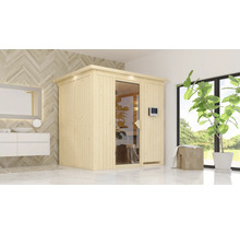 Scène de salle de bains moderne avec un sauna en bois, un lavabo et un miroir