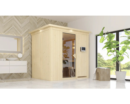 Elementsauna Karibu Bodina inkl. 9 kW Ofen u.ext.Steuerung mit Dachkranz und bronzierter Ganzglastüre Moderne Buedzëmmerszene mat enger Holzsauna, engem Waschbecken an engem Spigel