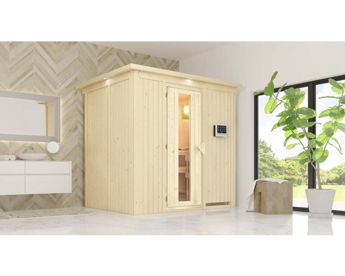 Elementsauna Karibu Bodina inkl. 9 kW Bio Ofen u.ext.Steuerung mit Dachkranz und Holztüre mit Isolierglas wärmegedämmt Moderne Badezimmerszene mit Holzsauna, Waschtisch und Pflanze