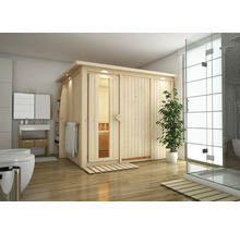 Aménagement de salle de bains moderne avec sauna en bois et douche