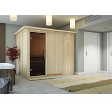 Sauna en bois avec porte en verre dans une salle de bain