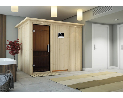 Elementsauna Karibu Gobina inkl. 9 kW Ofen u.ext.Steuerung mit Dachkranz und graphitfarbeneer Ganzglastüre Holzsauna mit Glastür und digitaler Steuerung im Badezimmer