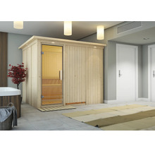 Sauna en bois avec porte en verre dans une salle de bain