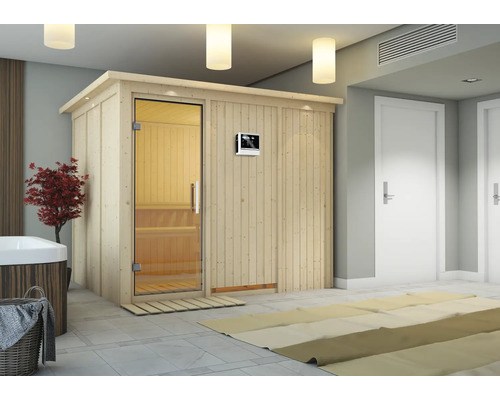 Sauna modulaire Karibu Gobina avec poêle 9 kW et commande externe avec couronne et porte entièrement vitrée transparente Sauna en bois avec porte en verre et commande à l'intérieur