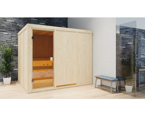 Sauna modulaire Karibu Nybro avec poêle 9 kW avec commande intégrée sans couronne avec porte entièrement vitrée couleur bronze Sauna en bois avec porte en verre et banc à l'intérieur