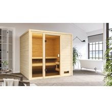 Sauna d'intérieur en bois avec porte en verre dans une salle de bain