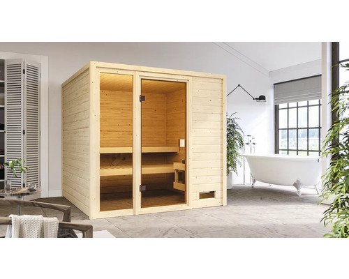 Sauna en bois massif Karibu Jutta avec poêle 9 kW et commande intégrée sans couronne avec porte entièrement vitrée couleur bronze Sauna d'intérieur en bois avec porte en verre dans une salle de bain