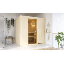 Holzsauna mit Glastür in hellem Badezimmer