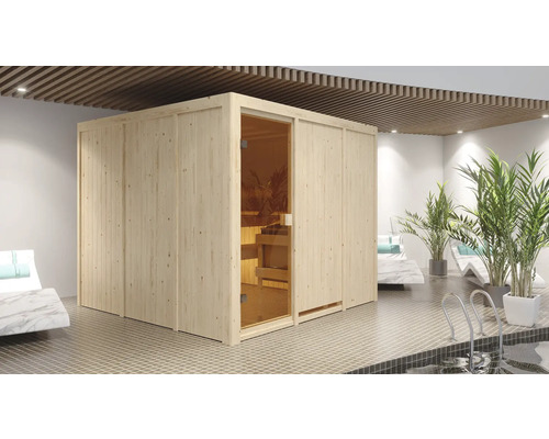 Sauna en bois avec porte en verre dans un espace bien-être