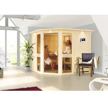 Sauna intérieure avec deux personnes dans une pièce lumineuse