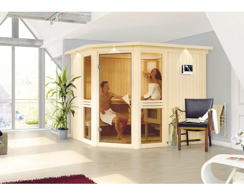 Elementsauna Karibu Omelia 3 inkl. 9 kW Bio Ofen u.ext.Steuerung mit Dachkranz und bronzierter Ganzglastüre Innensauna mit zwei Personen in einem hellen Raum