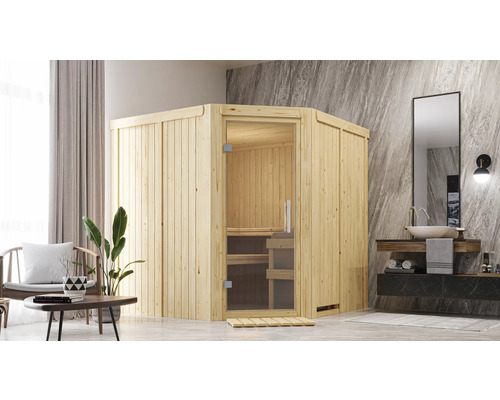 Elementsauna Karibu Jarina ohne Ofen und Dachkranz mit Ganzglastüre aus Klarglas Holz Sauna mit Glastür in einem hellen Badezimmer.