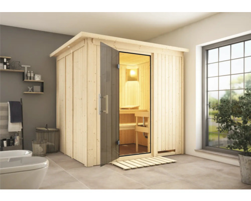 Elementsauna Karibu Sodina inkl. 9 kW Ofen u.integr.Steuerung mit Dachkranz und graphitfarbeneer Ganzglastüre Holzsauna mit Glastür in einem Badezimmer