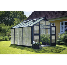 Serre avec porte ouverte dans le jardin