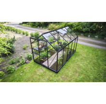 Serre avec murs en verre et plantes dans le jardin.