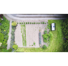 Vue aérienne d'un jardin avec des potagers et une serre