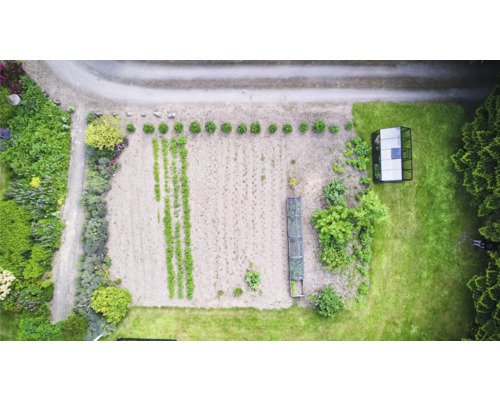 Vue aérienne d'un jardin avec des potagers et une serre