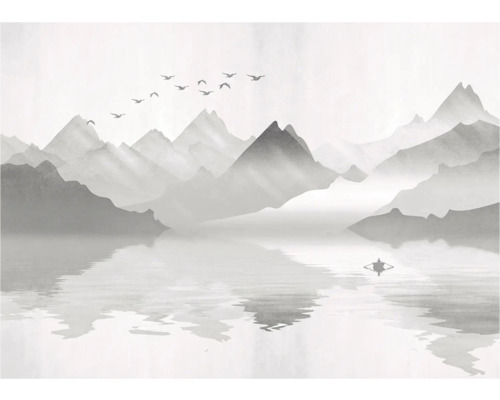 Illustration einer Berglandschaft mit See, Boot und Vogelschwarm