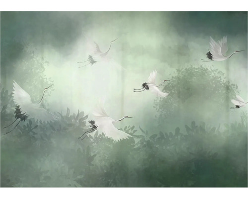 Papier peint avec motifs de grues et de feuilles dans un style aquarelle.