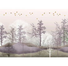Papier peint décoratif avec motif de forêt et volée d'oiseaux