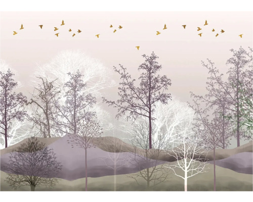 Papier peint décoratif avec motif de forêt et volée d'oiseaux