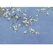Illustration de branches fleuries et d'oiseaux sur fond texturé